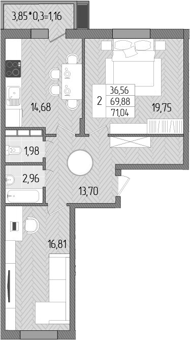 Планировка — Сады у моря, 2-комн., 70 м²