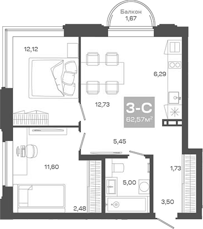 Планировка — Пульсар, 3-комн., 61 м²