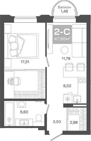 Планировка — Пульсар, 2-комн., 46 м²