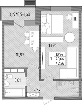 Планировка — Сады у моря, 1-комн., 41 м²