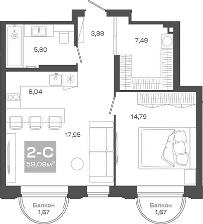 Планировка — Пульсар, 2-комн., 56 м²