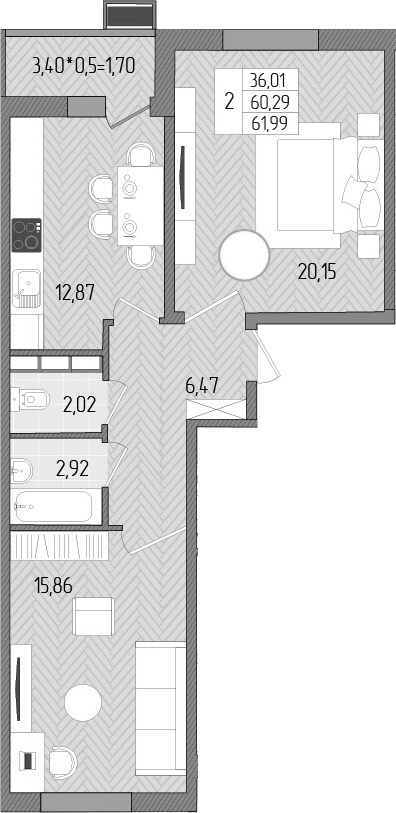 Планировка — Сады у моря, 2-комн., 60 м²