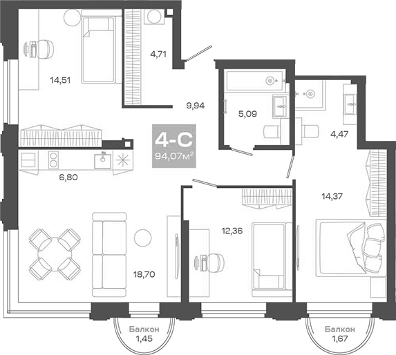 Планировка — Пульсар, 4-комн., 91 м²
