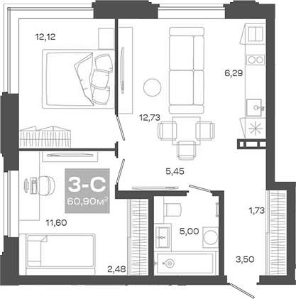 Планировка — Пульсар, 3-комн., 61 м²