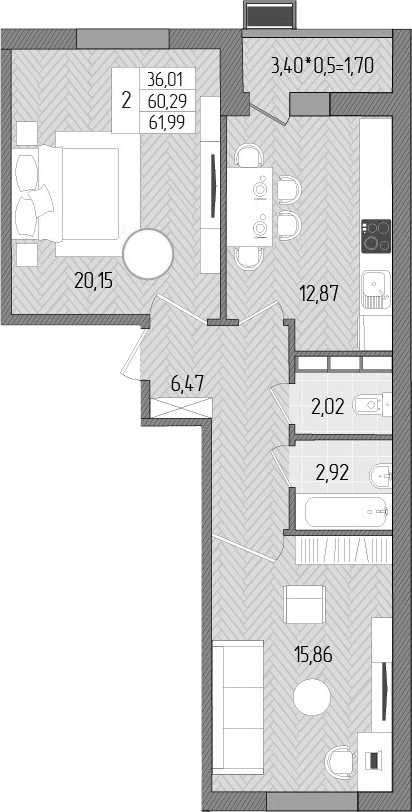 Планировка — Сады у моря, 2-комн., 60 м²