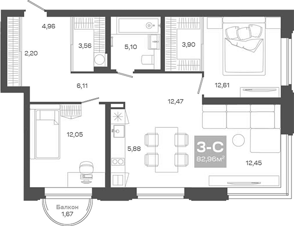 Планировка — Пульсар, 3-комн., 81 м²
