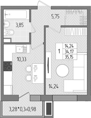 Планировка — Сады у моря, 1-комн., 34 м²