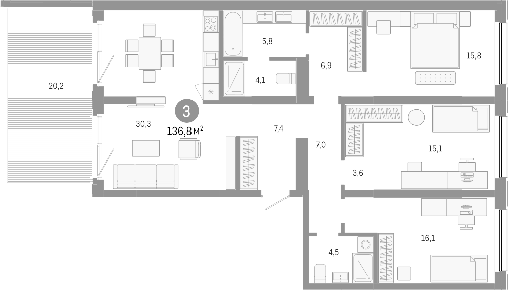 Планировка — Европейский берег, 4-комн., 117 м²