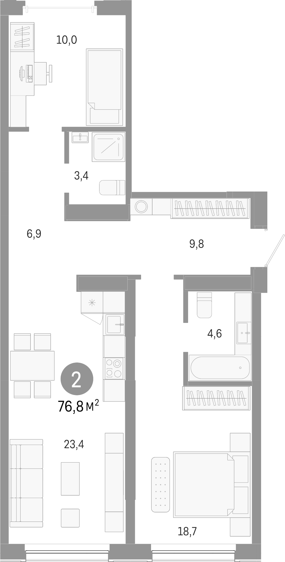 Планировка — Европейский берег, 3-комн., 77 м²