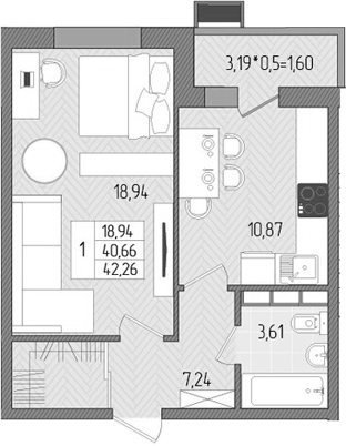 Планировка — Сады у моря, 1-комн., 41 м²