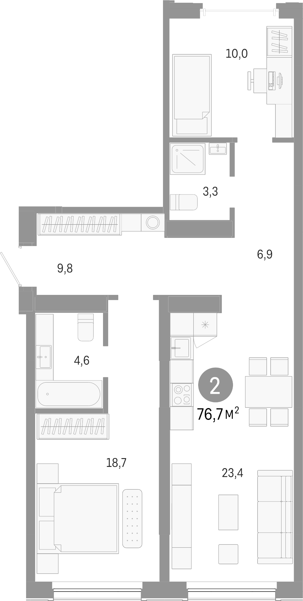 Планировка — Европейский берег, 2-комн., 77 м²