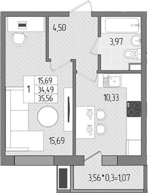 Планировка — Сады у моря, 1-комн., 34 м²