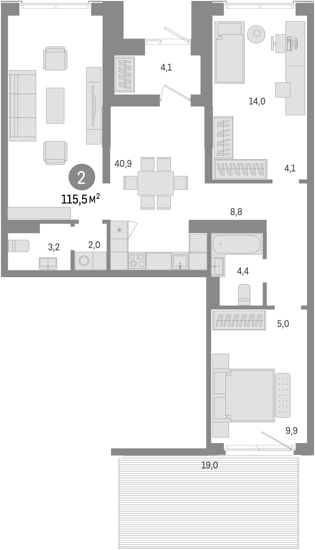 Планировка — Европейский берег, 2-комн., 97 м²