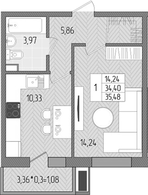 Планировка — Сады у моря, 1-комн., 34 м²