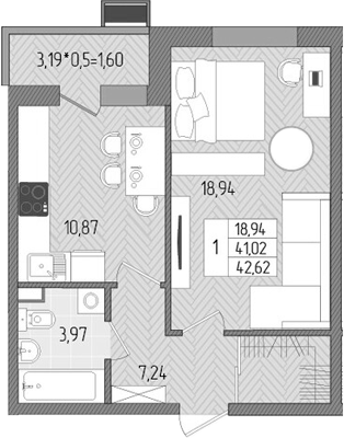 Планировка — Сады у моря, 1-комн., 41 м²