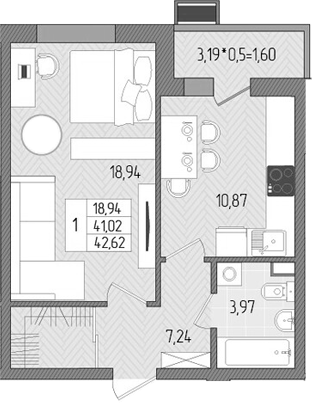 Планировка — Сады у моря, 1-комн., 41 м²