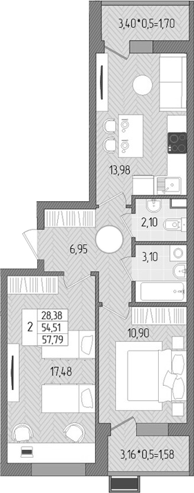 Планировка — Сады у моря, 2-комн., 55 м²