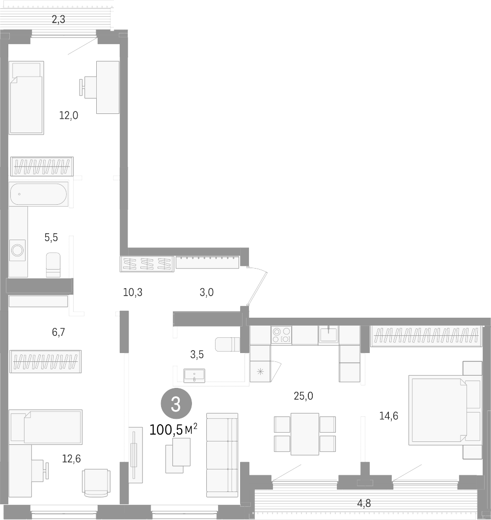 Планировка — Авиатор, 4-комн., 93 м²