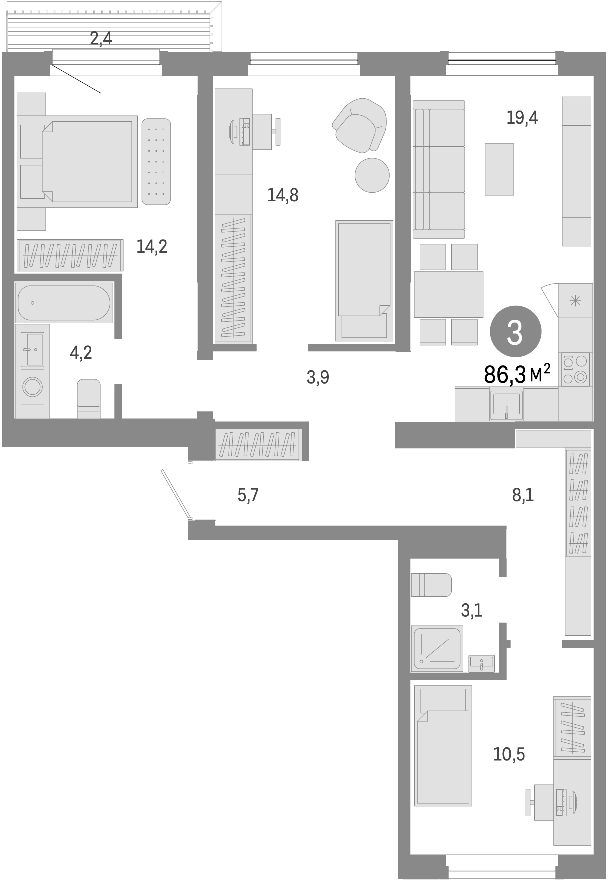 Планировка — Европейский берег, 3-комн., 84 м²
