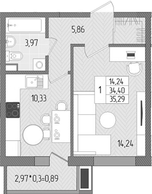 Планировка — Сады у моря, 1-комн., 34 м²