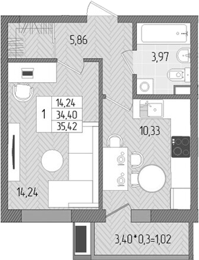 Планировка — Сады у моря, 1-комн., 34 м²