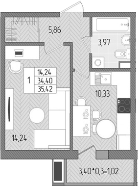 Планировка — Сады у моря, 1-комн., 34 м²