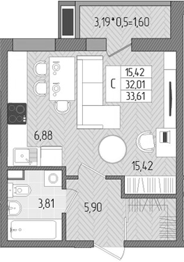 Планировка — Сады у моря, Студия, 32 м²
