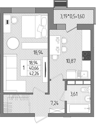 Планировка — Сады у моря, 1-комн., 41 м²