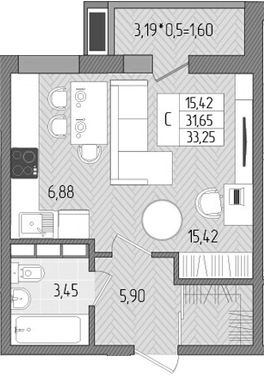 Планировка — Сады у моря, Студия, 32 м²