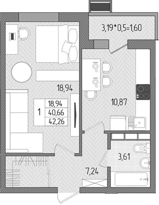 Планировка — Сады у моря, 1-комн., 41 м²