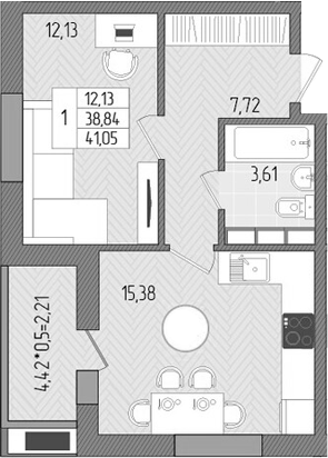 Планировка — Сады у моря, 1-комн., 39 м²