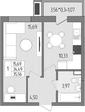 Планировка — Сады у моря, 1-комн., 34 м²