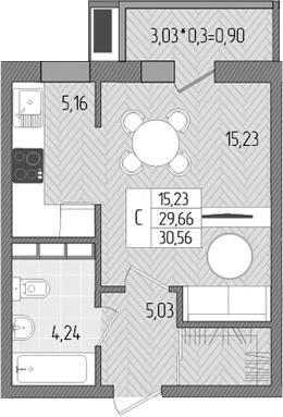 Планировка — Сады у моря, Студия, 30 м²