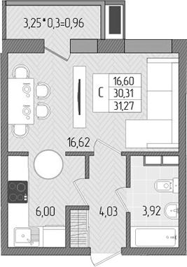 Планировка — Сады у моря, Студия, 30 м²