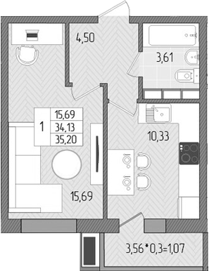 Планировка — Сады у моря, 1-комн., 34 м²