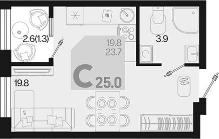 Планировка — Первое место, Студия, 24 м²