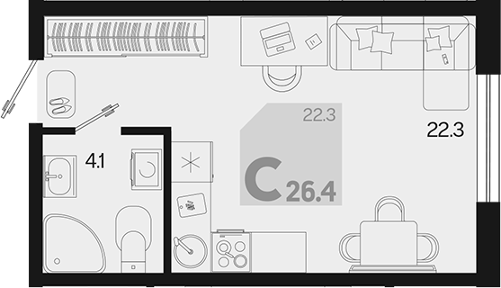 Планировка — Первое место, Студия, 26 м²
