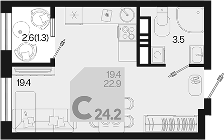 Планировка — Первое место, Студия, 23 м²
