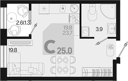 Планировка — Первое место, Студия, 24 м²