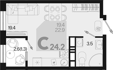 Планировка — Первое место, Студия, 23 м²