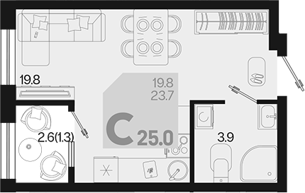 Планировка — Первое место, Студия, 24 м²