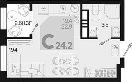 Планировка — Первое место, Студия, 23 м²
