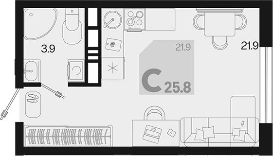 Планировка — Первое место, Студия, 26 м²