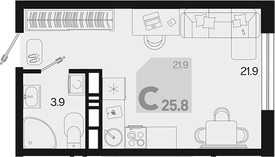 Планировка — Первое место, Студия, 26 м²