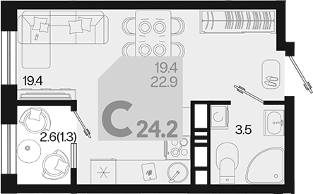 Планировка — Первое место, Студия, 23 м²