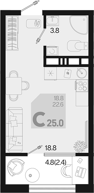 Планировка — Первое место, Студия, 23 м²