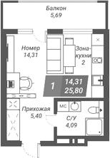 Планировка — Ворошилов, Студия, 26 м²