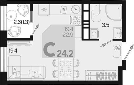 Планировка — Первое место, Студия, 23 м²