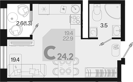 Планировка — Первое место, Студия, 23 м²