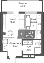 Планировка — Ворошилов, Студия, 25 м²